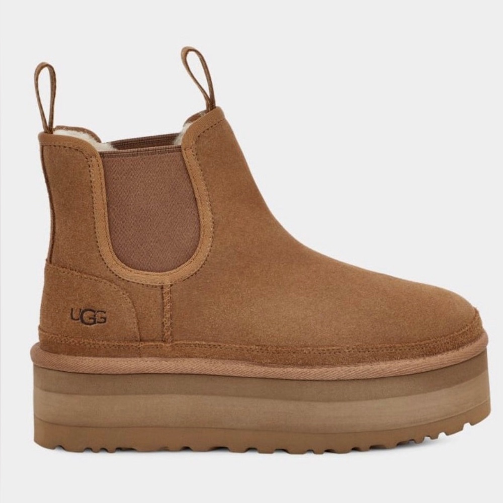 🔴SOLD Ugg Neumel Platform Chelsea Boots Chestnut Suede Shearling Sheepskin - Picture 15 of 15